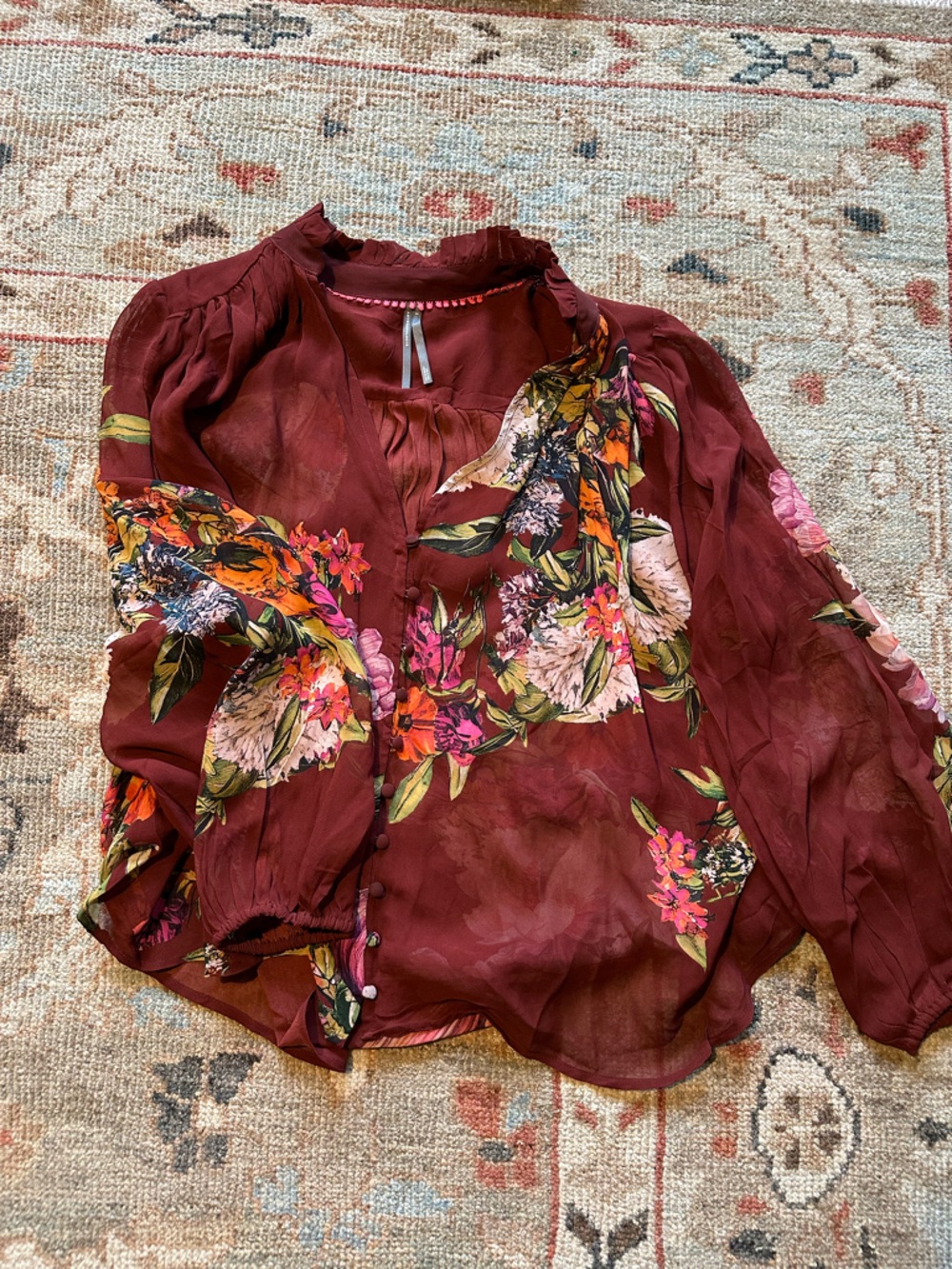 Anthropologie Burgundy Floral Sheer Blouse - 100% viscose